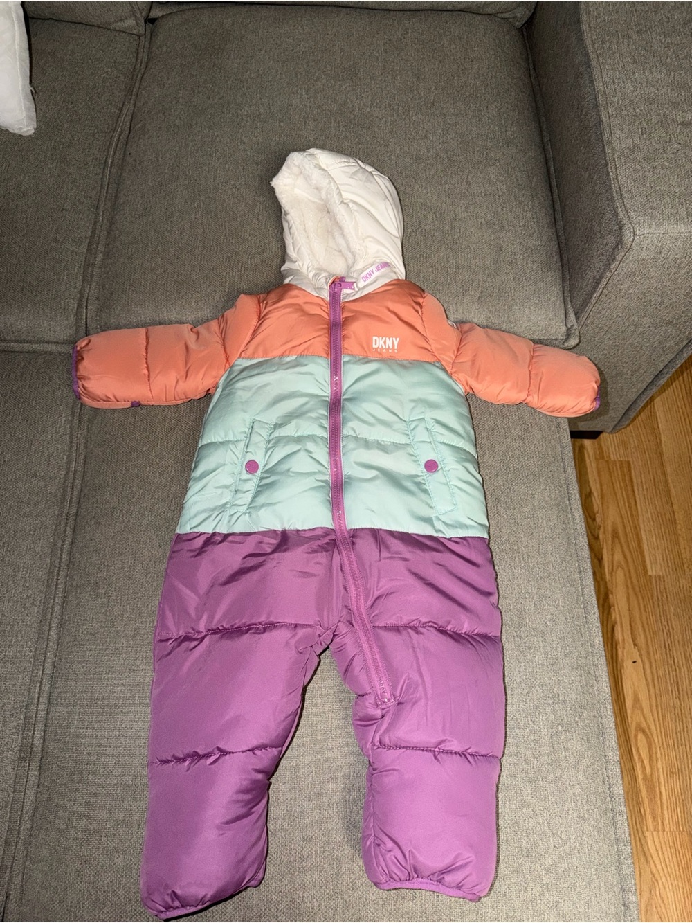 DKNY Coral Mint Purple Colorblock Puffer One-Piece